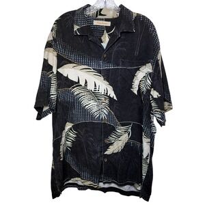 Tommy Bahama 100% Silk Aloha Shirt XL Black Beige Palm Print Camp Button